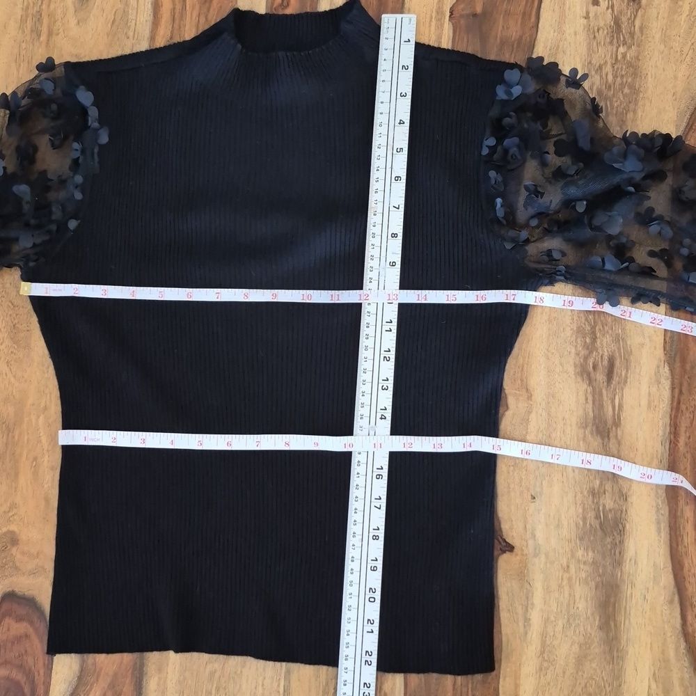 Almost Famous, Ribbed, Mock Sweater, with 3D Floral Mesh Sleeves - Picture 6 of 16